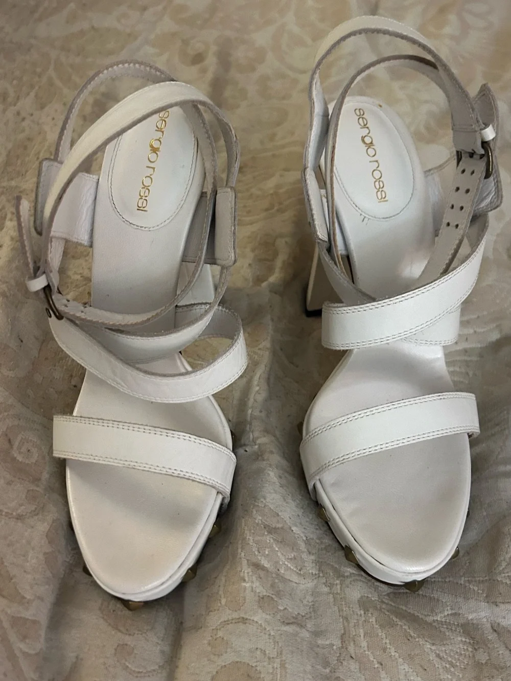 Sergio Rossi White Leather Stud-Trim Platform Sandals with authentication certif
